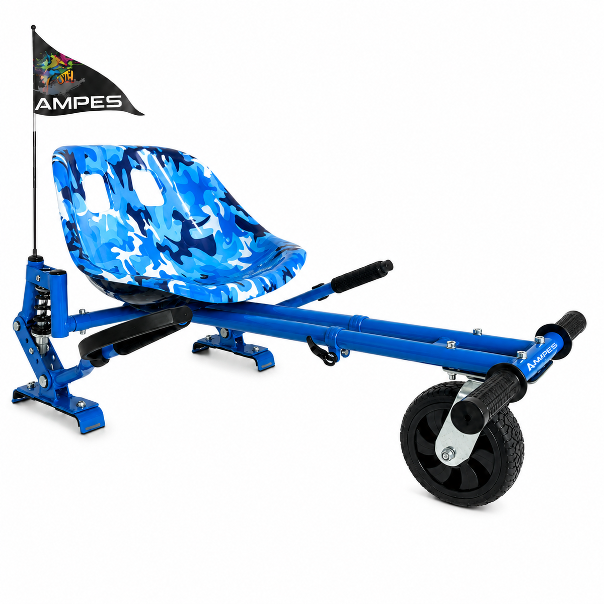 Hoverkart Blau mit Federung – Gesamtansicht schräg von vorne mit Sitzschale, Federbein und Lenkhebeln