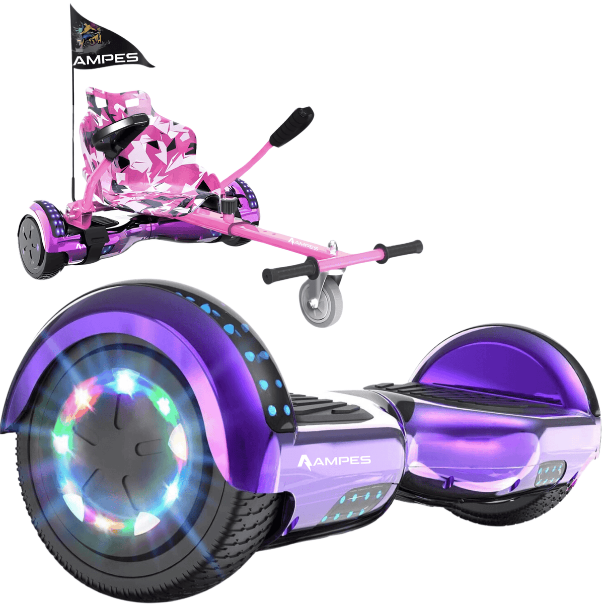 Ampes Hoverboard mit Sitz – Chrom Lila + Hoverkart Rosa – Gesamtansicht Set
