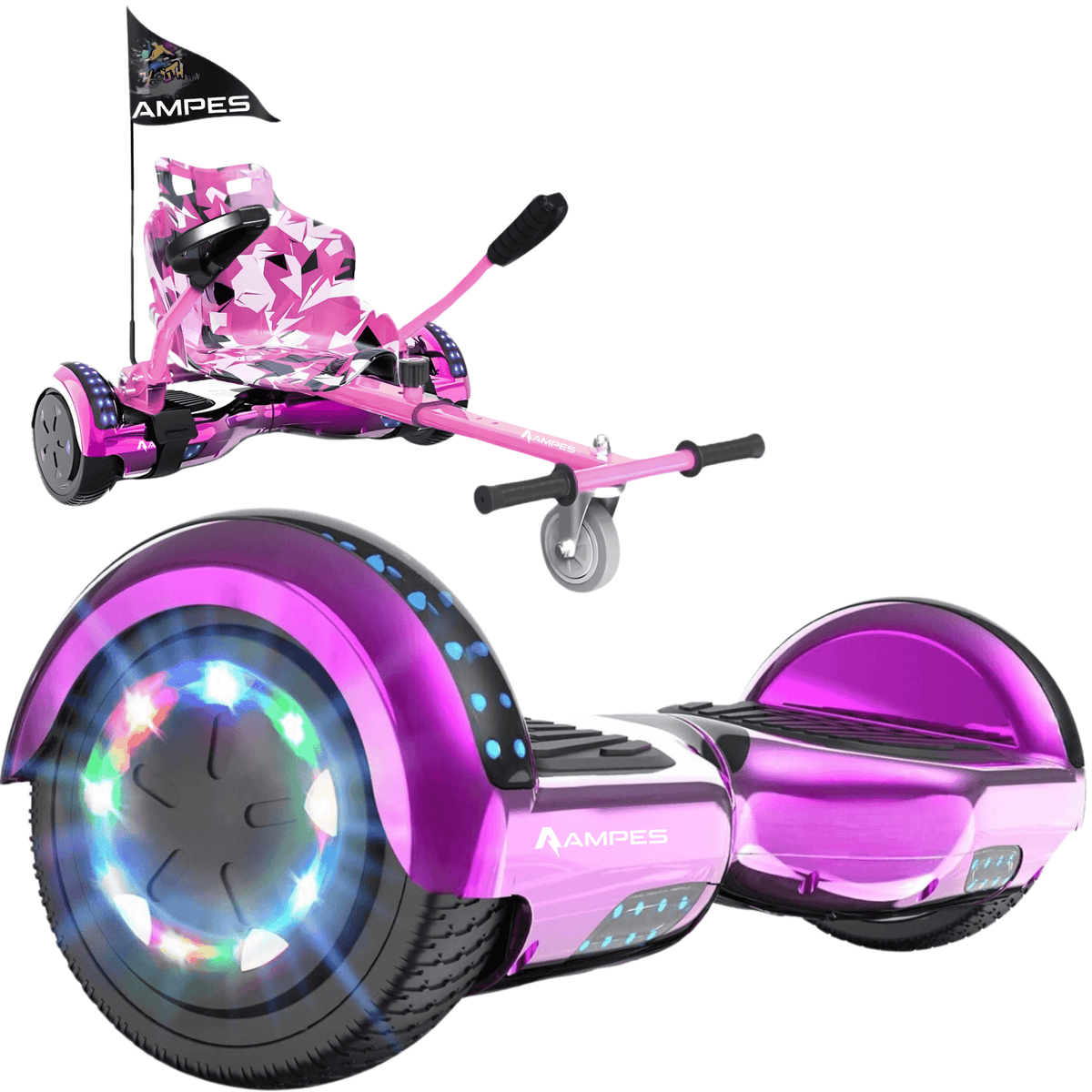 Ampes Hoverboard mit Sitz – Chrom Rosa + Hoverkart Rosa – Gesamtansicht Set