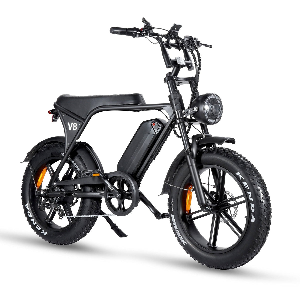 OUXI V8 E-Fatbike – Schwarz – Ansicht schräg von rechts mit Sitzbank