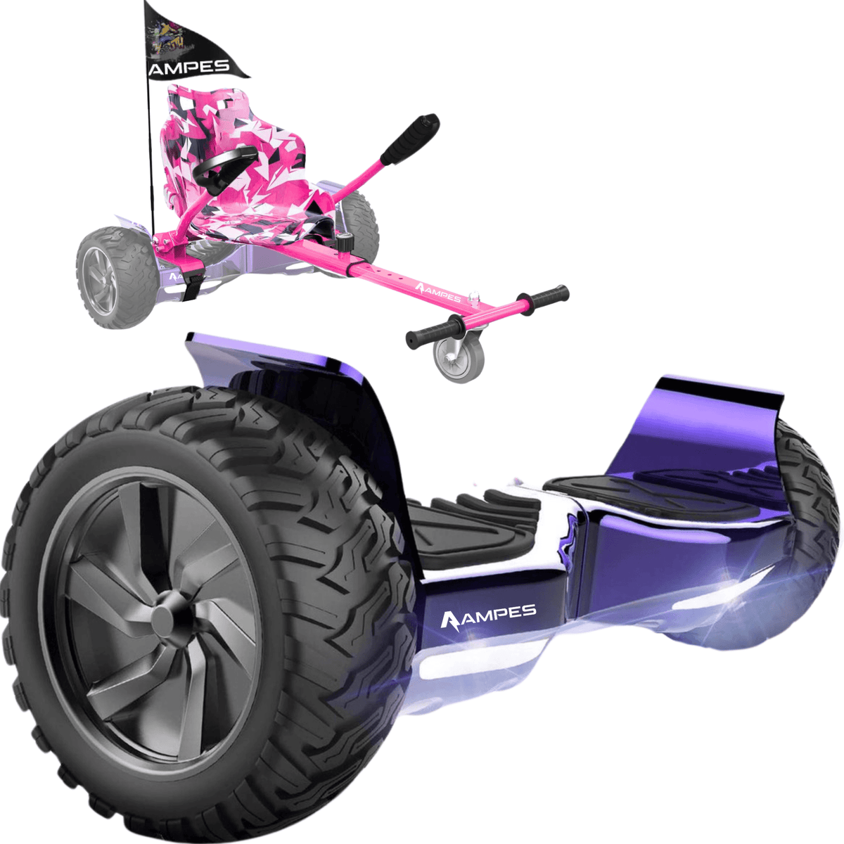 Ampes Offroad-Hoverboard mit Sitz – Chrom Lila + Hoverkart Rosa – Gesamtansicht Set mit Hoverkart Rosa