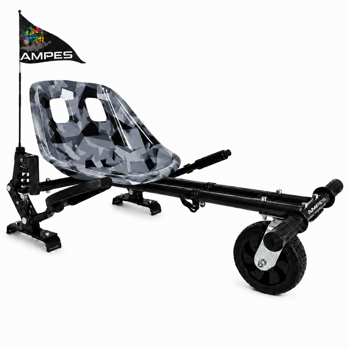 Hoverkart Camouflage mit Federung – Gesamtansicht schräg von vorne mit Sitzschale, Federbein und Lenkhebeln
