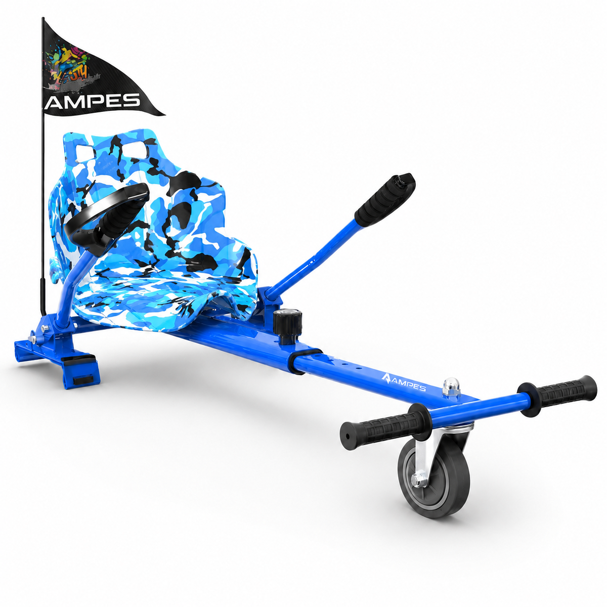 Hoverkart Blau – Gesamtansicht schräg von vorne mit Sitz und Lenkhebeln