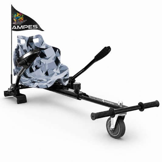 Hoverkart Camouflage – Gesamtansicht schräg von vorne mit Sitz und Lenkhebeln