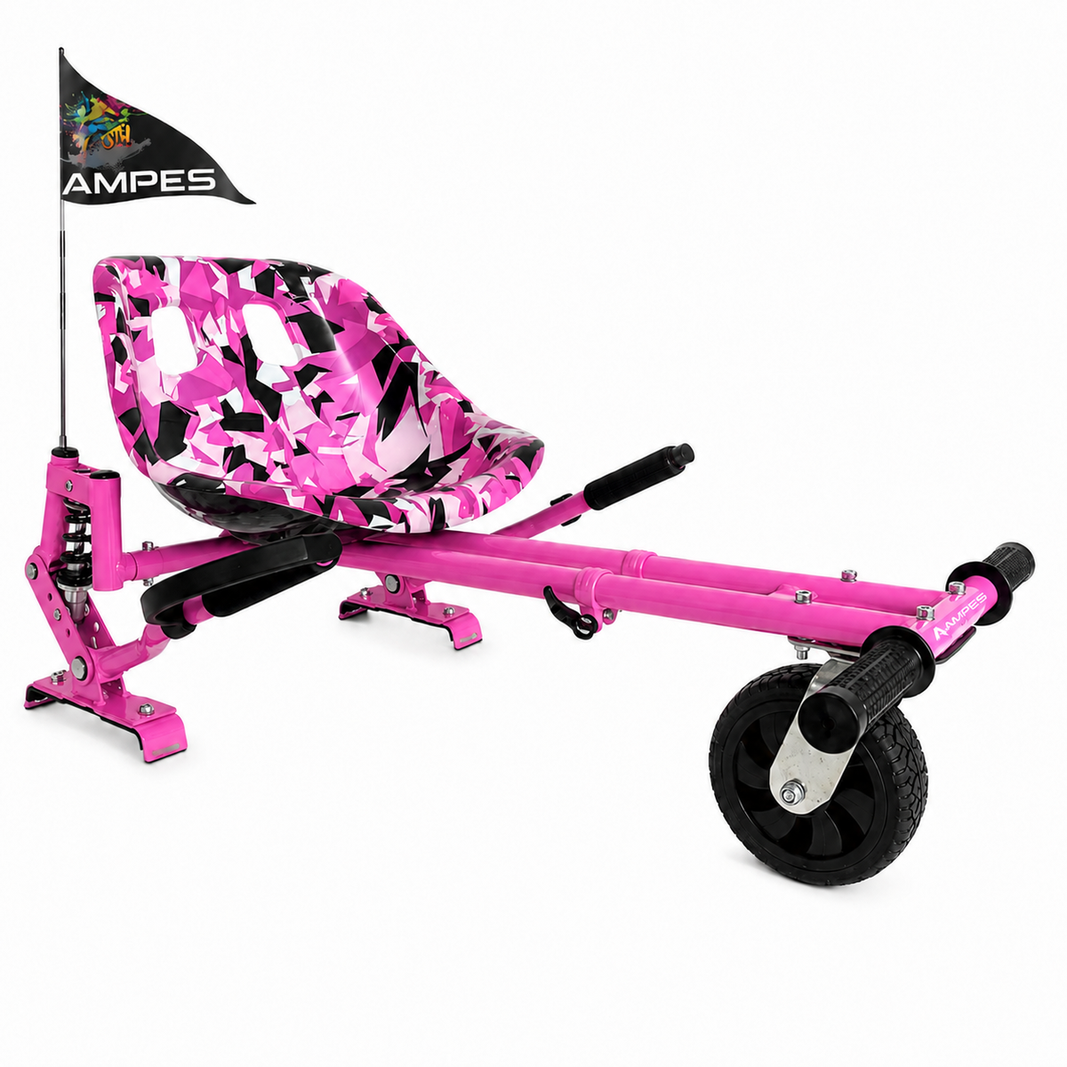 Hoverkart Rosa mit Federung – Gesamtansicht schräg von vorne mit Sitzschale, Federbein und Lenkhebeln