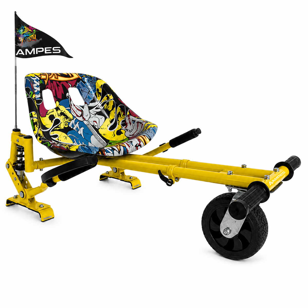 Hoverkart Hiphop mit Federung – Gesamtansicht schräg von vorne mit Sitzschale, Federbein und Lenkhebeln