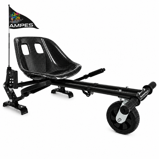 Hoverkart Carbon mit Federung – Gesamtansicht schräg von vorne mit Sitzschale, Federbein und Lenkhebeln