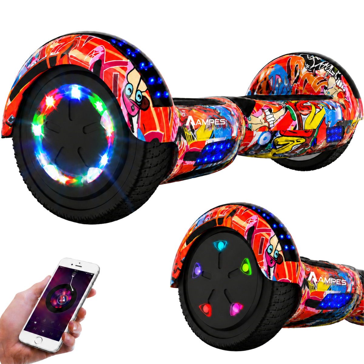 Ampes Hoverboard 6,5 Zoll Graffiti – Hauptansicht mit LED-Beleuchtung