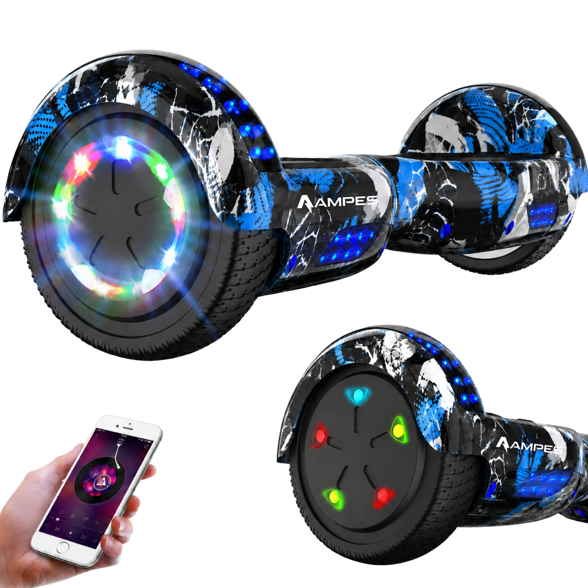 Ampes Hoverboard 6,5 Zoll Graffiti Blau – Hauptansicht mit LED-Beleuchtung