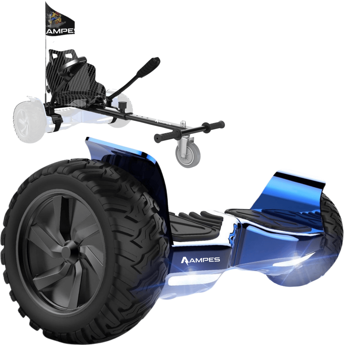 Ampes Offroad-Hoverboard mit Sitz – Chrom Blau + Hoverkart – Gesamtansicht Set mit Hoverkart