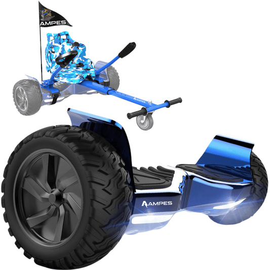Ampes Offroad-Hoverboard mit Sitz – Chrom Blau + Hoverkart Blau – Gesamtansicht Set mit Hoverkart Blau